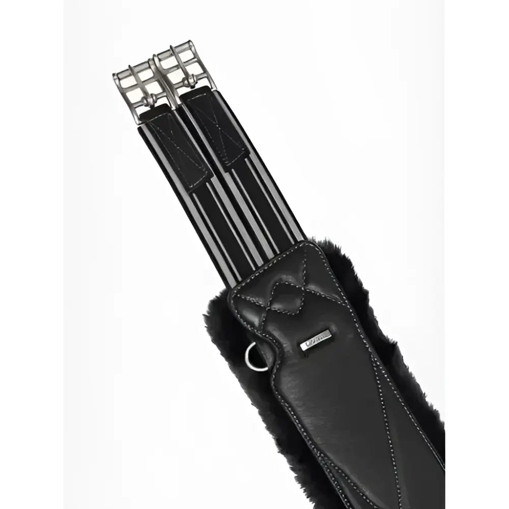 Black leather horse saddle pad with faux fur trim and silver buckles from lemieux arika simuwool contoured collection