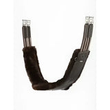 Black leather lemieux arika simuwool saddle pad with plush brown faux fur lining and silver metal buckles