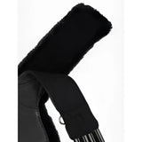 Black leather strap contoured long stud girth with plush arika simuwool lining and metal hardware by lemieux arika