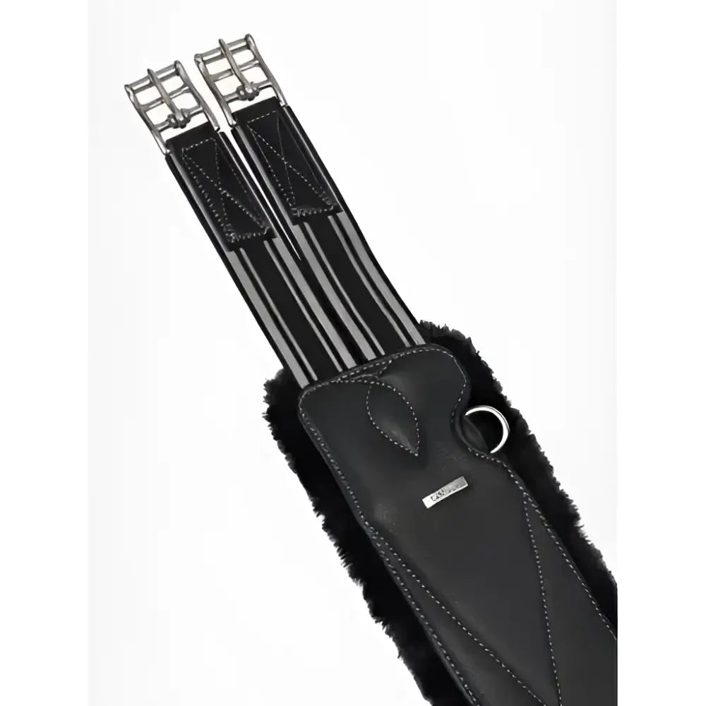 Black leather horse saddle pad with plush fur trim and silver buckles paired with lemieux arika simuwool contoured long stud girth black