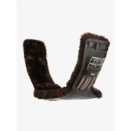 Brown faux fur lined horse saddle pad with black leather straps and silver buckles for lemieux arika simuwool contoured short stud