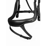 Black leather LeMieux arika split noseband bridle with white stitching and metal hardware for riding