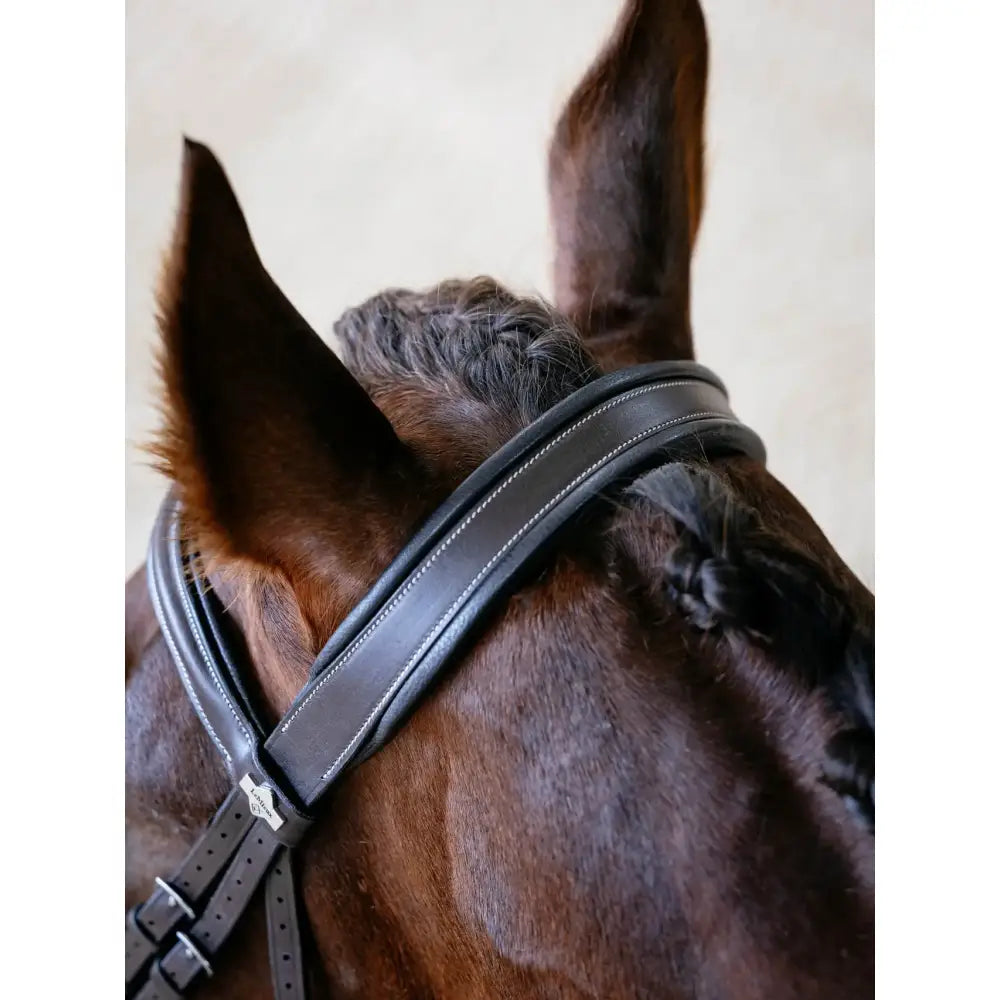 Black leather arika split noseband bridle with white stitching silver buckle lightly padded for comfort