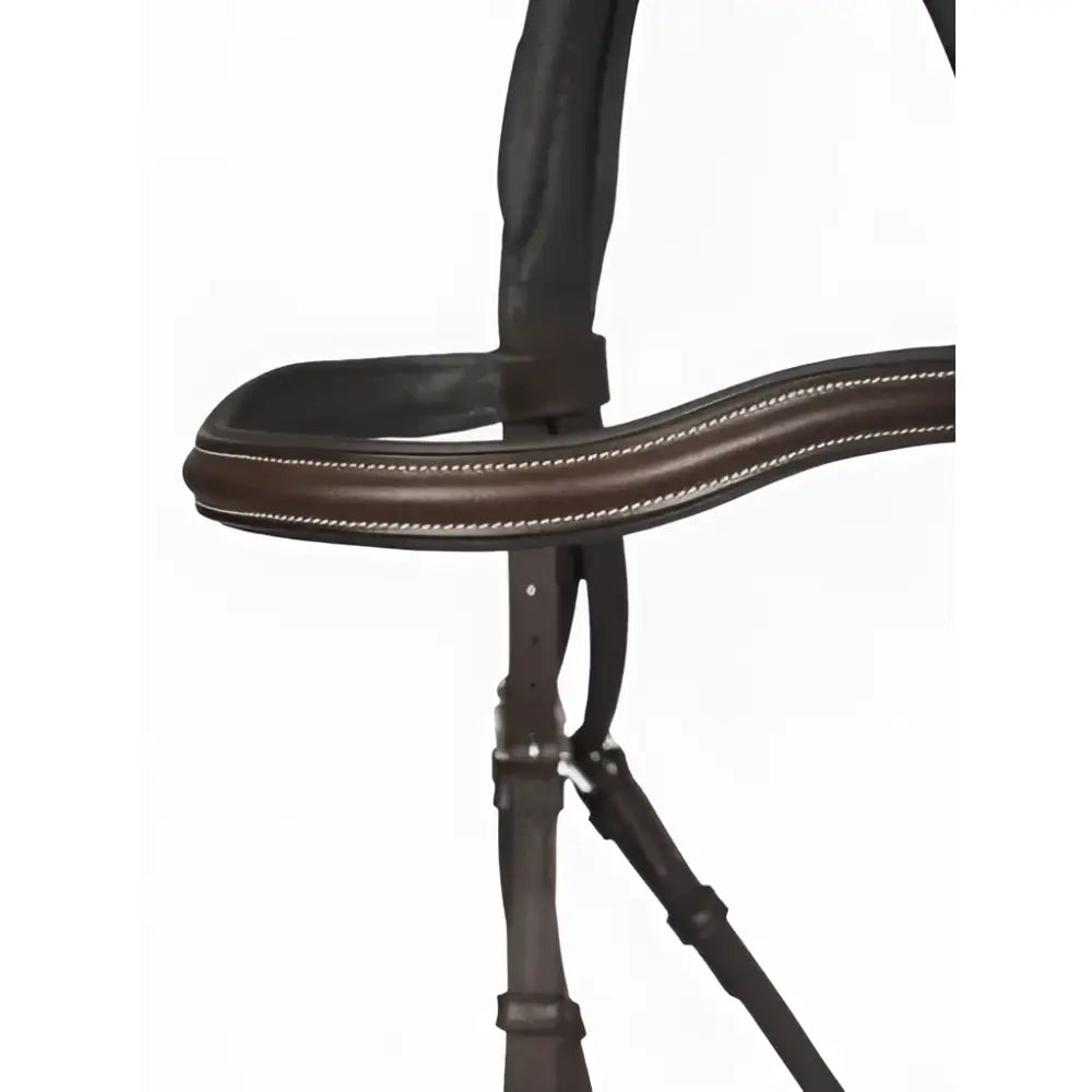 Brown leather arika split noseband bridle with white stitching and lightly padded edges for comfortable wear