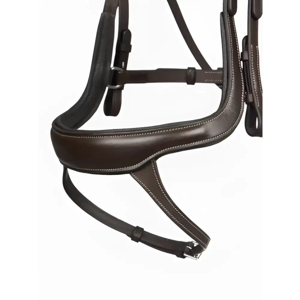 Brown leather arika split noseband bridle with contrasting white stitching metal hardware and lightly padded noseband
