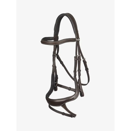Black leather lemieux arika split noseband bridle brown with lightly padded silver stitching and metal hardware