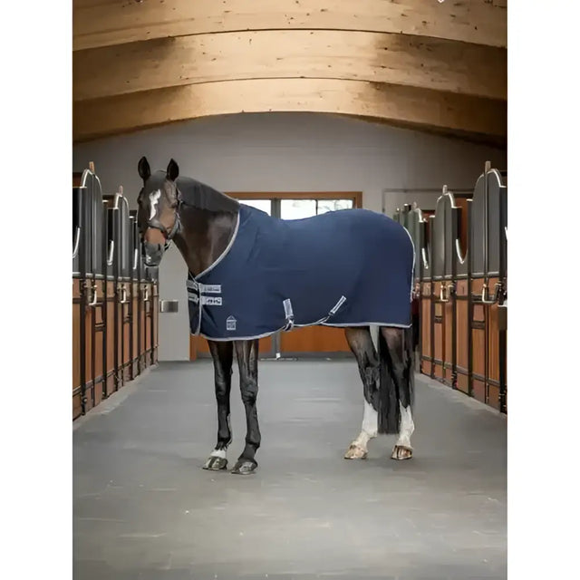 Navy blue lemieux arika stable sheet with white trim and reflective patches versatile stable sheet for horses