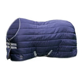 Navy blue lemieux arika stable-tek 100g horse blanket with white stitching silver hardware and diamond ripstop outer
