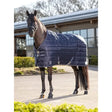 Navy blue lemieux arika stable-tek 100g horse blanket with diamond ripstop outer and silver hardware visible from back side