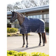 Navy blue lemieux arika stable-tek 350g horse blanket with diamond ripstop outer and silver hardware logo on front