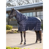 Navy blue lemieux arika stable-tek 350g quilted horse blanket with silver trim multiple pockets diamond ripstop outer