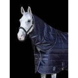 Dark navy lemieux arika stable-tek quilted lightweight neck cover with white stitching and branded patches