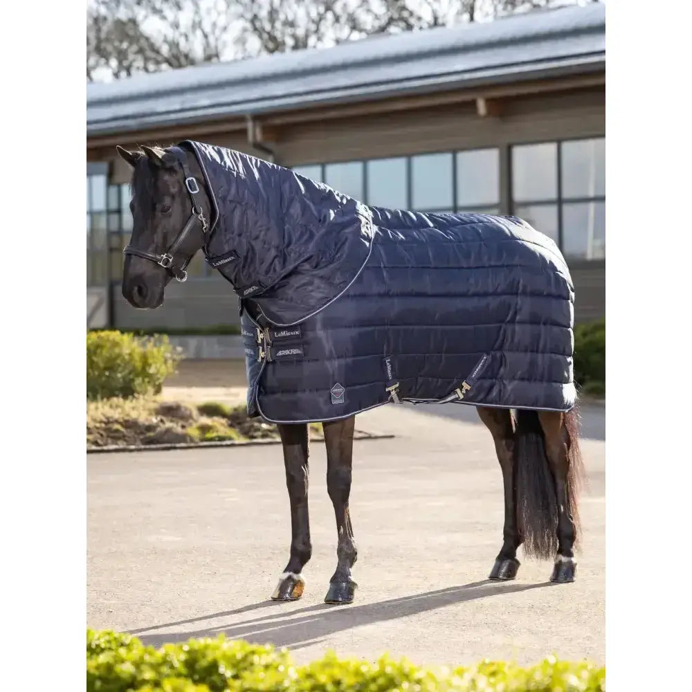 Navy blue quilted lemieux arika stable-tek neck cover 200g with silver trim and adjustable straps lightweight neck cover