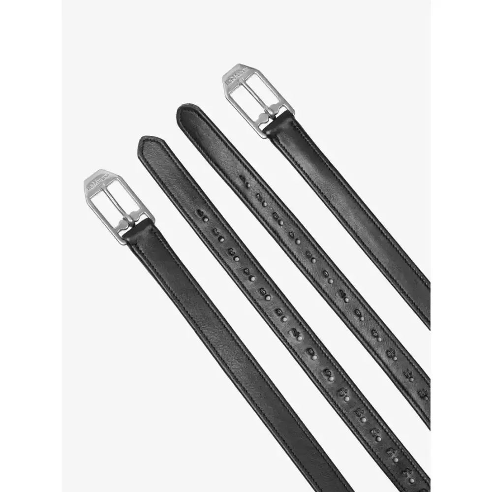 Black leather lemieux arika stirrup belts with silver buckles and subtle perforated detailing in sophisticated lemieux style
