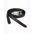 Black leather lemieux arika belt with silver rectangular buckle featuring embossed branding in sophisticated lemieux style