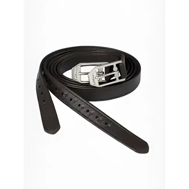 Black leather lemieux arika belt with silver rectangular buckle featuring embossed branding in sophisticated lemieux style