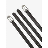 Three black leather belts with silver buckles and subtle texture in sophisticated lemieux style stirrup leather brown