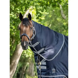 Dark navy blue lemieux arika storm-tek neck cover with silver trim and adjustable straps for storm-tek turnout use