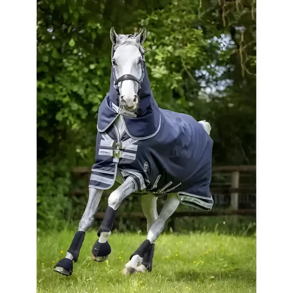 Navy blue lemieux arika storm-tek horse rug with white gray stripes and silver buckle closure 200g turnout design