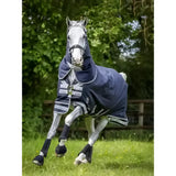 Navy blue lemieux arika storm-tek horse rug with white gray stripes and silver buckle closure 200g turnout design