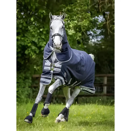 Navy blue lemieux arika storm-tek horse rug with white gray stripes and silver buckle closure 200g turnout design