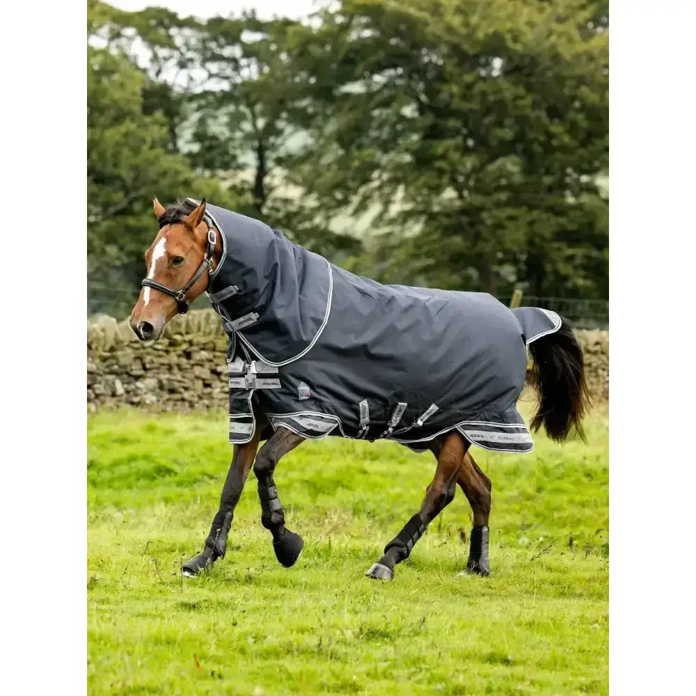Dark gray lemieux arika storm-tek rug with white trim reflective stripes and branded logo beta innovation gold detailing