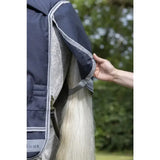 Navy blue lemieux arika storm-tek quilted horse blanket with gray fleece lining and silver trim beta innovation gold