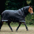Black waterproof lemieux arika storm-tek rug 50g with red trim reflective stripes and hood for horse head