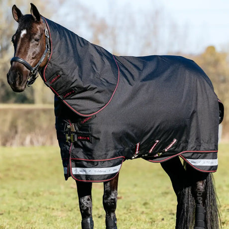 Black lemieux arika storm-tek rug 50g turnout blanket with red trim and reflective stripes for outdoor use