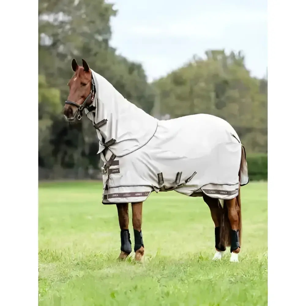 Light gray lemieux arika sunstopper summer fly sheet with dark brown trim and adjustable straps for sun protection