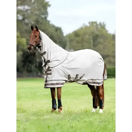 Light gray lemieux arika sunstopper summer fly sheet stone with dark brown trim and adjustable straps for sun protection