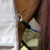 Black and blue horse halter strap with metal d-ring on the lemieux arika sunstopper summer fly sheet stone