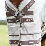 Gray and white lemieux arika sunstopper summer fly sheet with brown straps and silver buckles in stone color