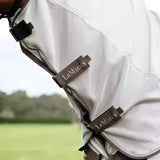 Light gray mesh lemieux arika sunstopper summer fly sheet with brown leather brand tags on straps stone color