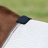 White striped lemieux arika sunstopper summer fly sheet stone with black elastic strap securing the neck area