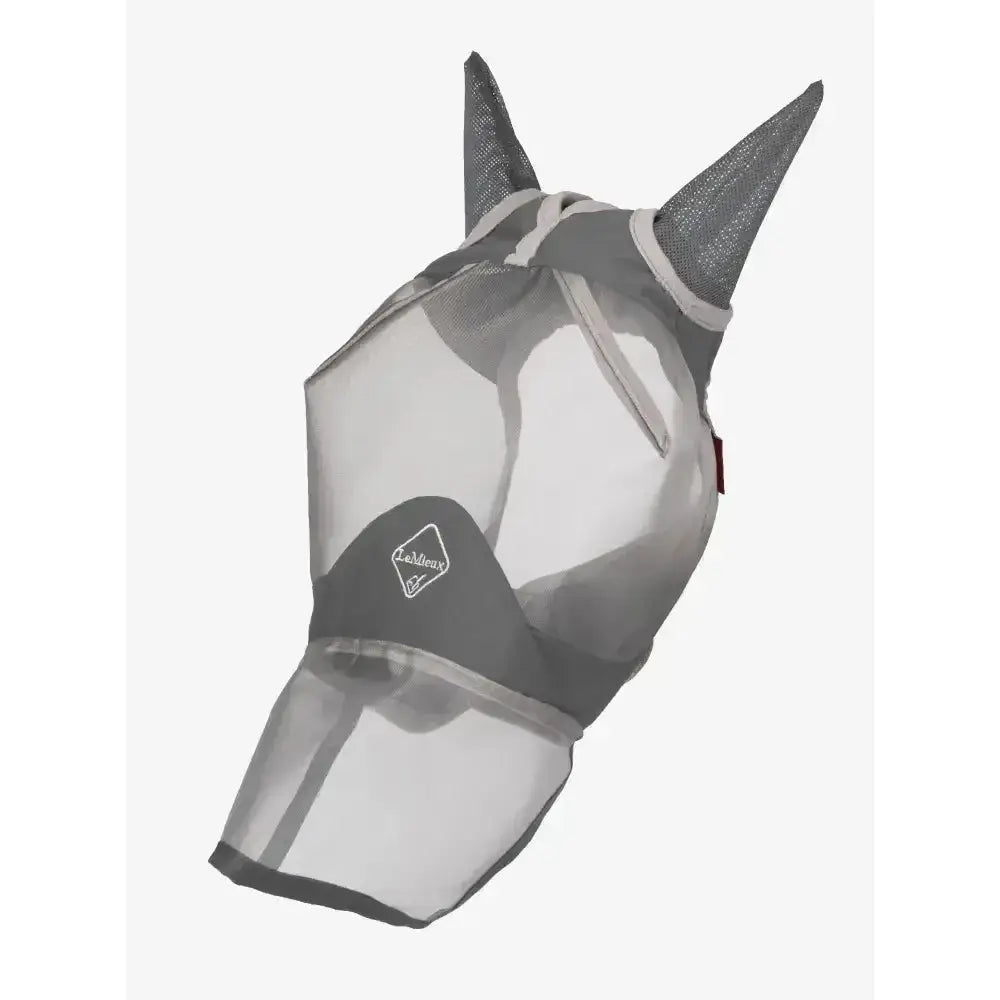 Gray mesh lemieux armourshield pro full fly mask with reinforced ear flaps and elasticated head piece for horse protection