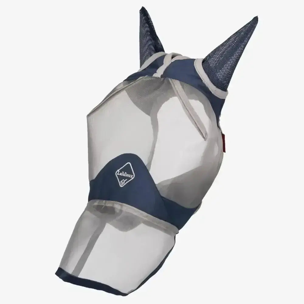 Navy blue and transparent mesh lemieux armourshield pro fly mask with reinforced ear covers and elasticated head piece