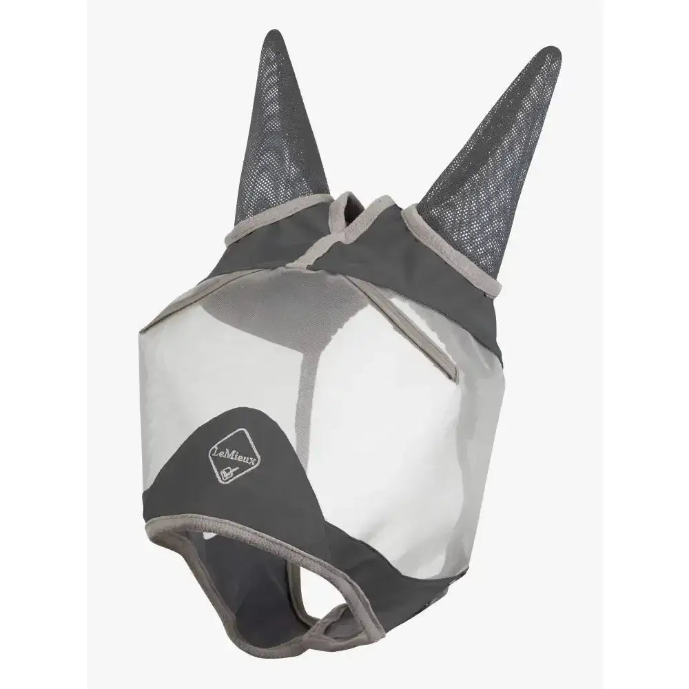 Lemieux armourshield pro half fly mask in gray mesh with transparent panels and reinforced ear covers and elasticated head piece