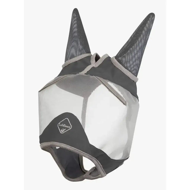 Lemieux armourshield pro half fly mask in gray mesh with transparent panels and reinforced ear covers and elasticated head piece