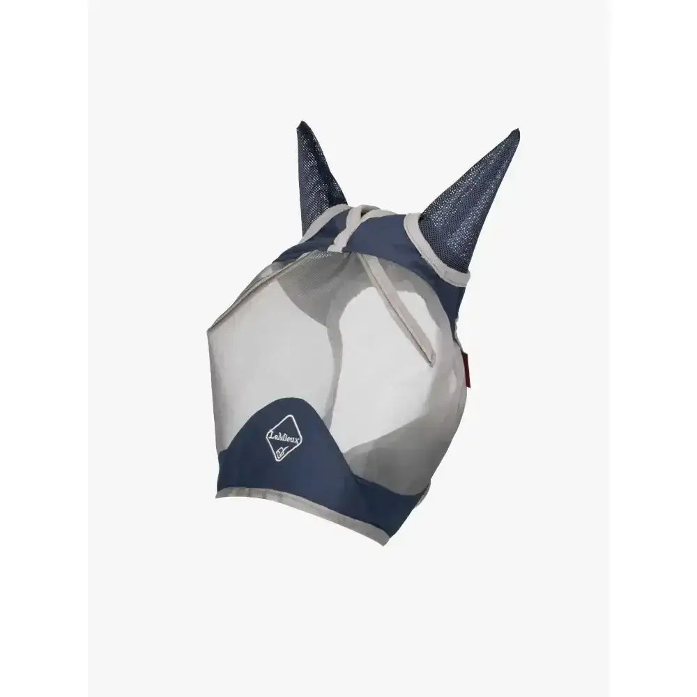 Navy blue and gray mesh lemieux armourshield pro half fly mask with reinforced ear flaps and elasticated head piece