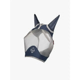 Navy blue and gray mesh lemieux armourshield pro half fly mask with reinforced ear flaps and elasticated head piece