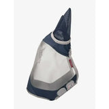 Navy blue and gray lemieux armourshield pro half fly mask with elasticated head piece and breathable mesh netting