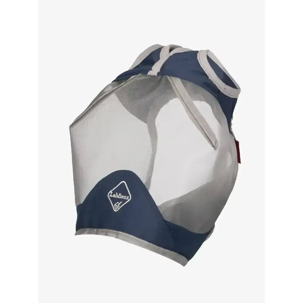 Navy blue and gray mesh lemieux armourshield pro standard fly mask with white trim and bamboo lining strips