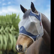 Blue and gray mesh lemieux armourshield pro standard fly mask with white trim and bamboo lining strips for horses