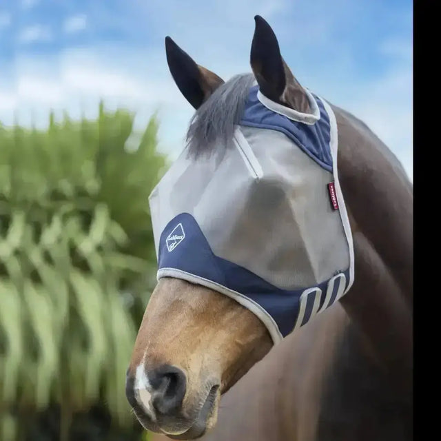 Blue and gray mesh lemieux armourshield pro standard fly mask with white trim and bamboo lining strips