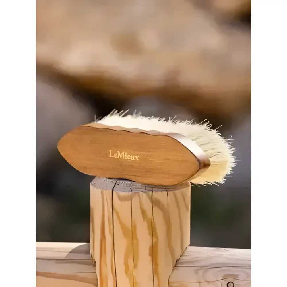 A light brown wooden lemieux artisan deep clean dandy brush with soft off-white bristles for deep grooming