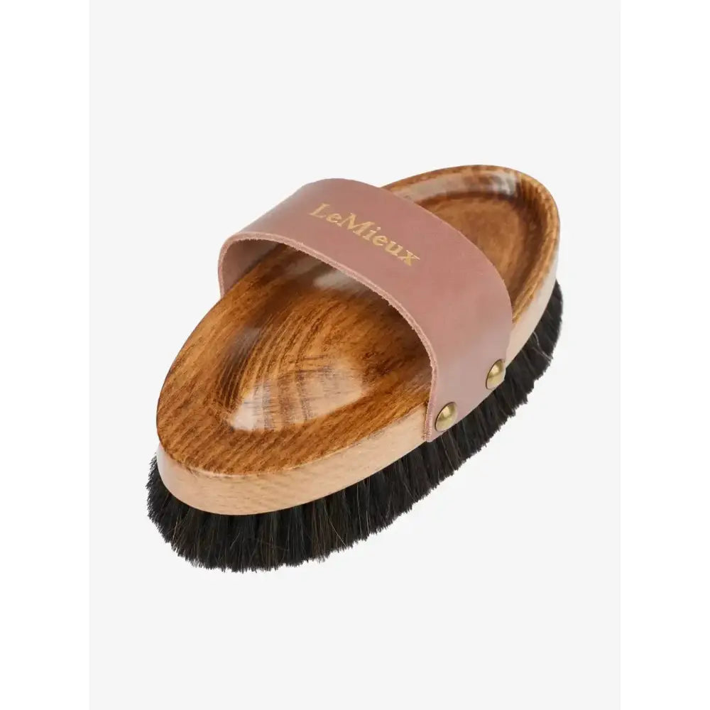 Lemieux artisan lambswool body brush with black bristles tan leather strap natural lambskin for grooming