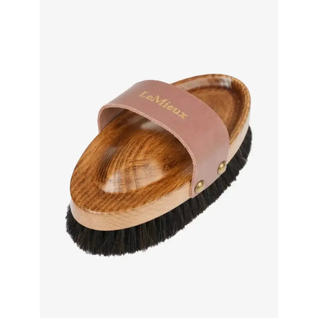 Lemieux artisan lambswool body brush with black bristles tan leather strap natural lambskin for grooming