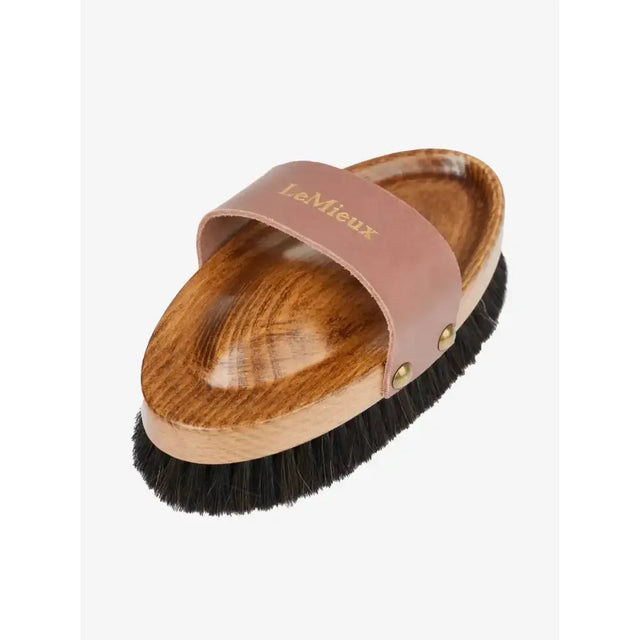Lemieux artisan lambswool body brush with black bristles tan leather strap natural lambskin for grooming