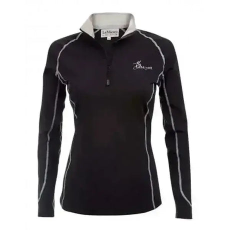 Black lemieux base layer polo shirt with gray trim and embroidered logo perfect rider base riding apparel